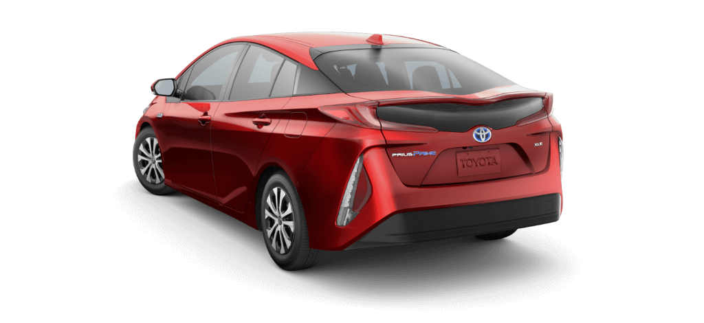 Rear view of red Toyota Prius Prime.